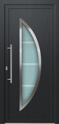 Kunststoff Haustür Farbe Anthrazit mit Halbmond Verglasung, Edelstahl Applikationen und Edelstahl Stoßgriff